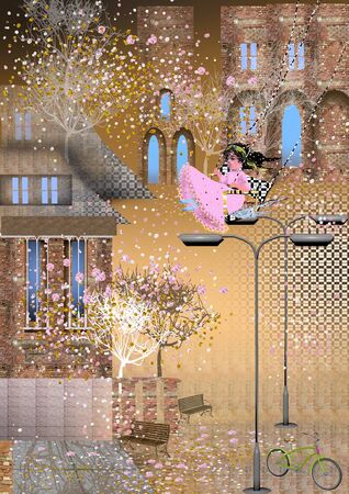 little girl in pink dress is swinging high above, between buildings, trees and flowersの写真素材