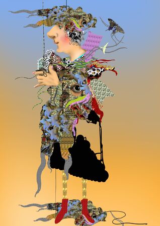 a young man with a huge nose and in colorful clothes standing and holding a rope that goes upward, over a blue/beige backgroundの写真素材