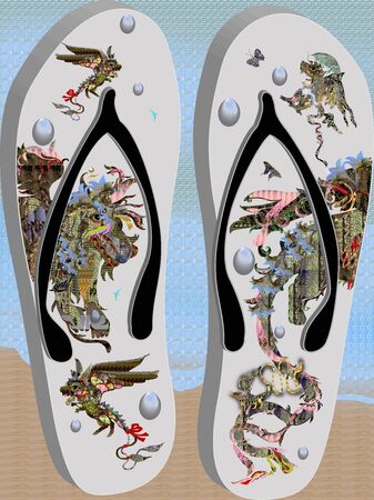 a pair of white dragon flip flops standing on the beachの写真素材