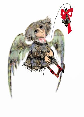cute little angel with wings holding a little bell with a red ribbon, illustration over a white backgroundの写真素材