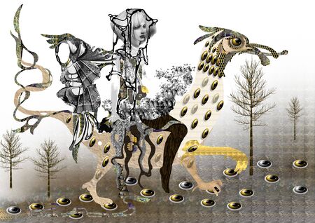 woman riding a dragon, in a forest, black and white and yellow, beige colors, artistic drawing, fantasy, pale colorsの写真素材