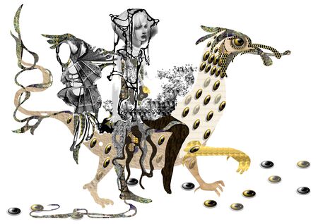 woman riding a dragon, black and white and yellow, beige colors, artistic drawing, fantasy, pale colors over a white backgroundの写真素材