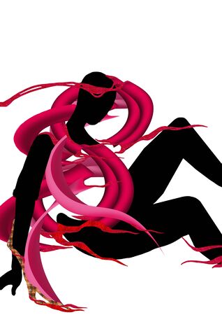 Abstract woman sitting on floor, black and red over white, abstract illustration over a white backgroundの写真素材