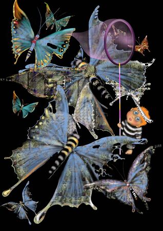 Little boy hunting for huge butterflies, raster illustration over black backgroundの写真素材