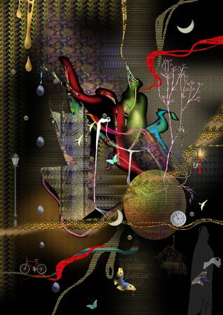 Dark nature, abstract illustration, an abstract artwork filled with dark shapes, thoughts, trees, clocks, ways, bikes, lamps, rain, moon, raindrops, butterflies, branches, nature, nightの写真素材