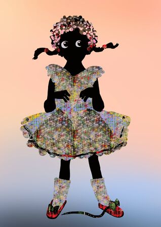 little black girl in a cute dress filled with stars, raster illustration over a pink blue backgroundの写真素材