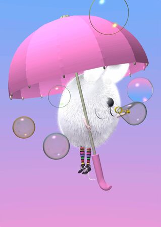 cute white Easter Bunny with umbrella, making bubbles over blue/purple background, 3D illustration, raster illustrationの写真素材