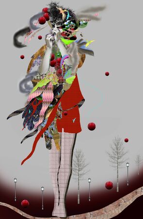 beautiful woman with two faces, standing shyly on a landscape, hiding one of her faces, vintage, fashion, styleの写真素材