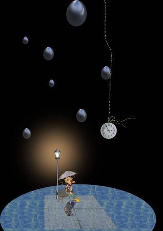 man sitting on a bench , it's night and it rains, a watch is hanging down from the sky, black backgroundの写真素材