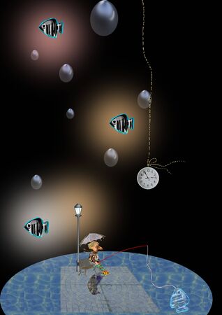 man fishing in the pond, it's night and it rains, fish thoughts are floating in the air, a watch is hanging down from the sky, black backgroundの写真素材