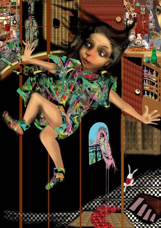 Alice in Wonderland Falling into the Rabbit Hole, raster illustrationの写真素材