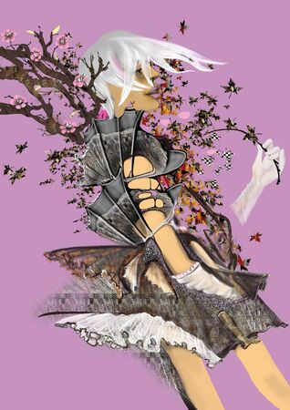 woman in modern dress holding a branch, with branches and pink flowers growing out of her dress, illustration over a purple backgroundの写真素材