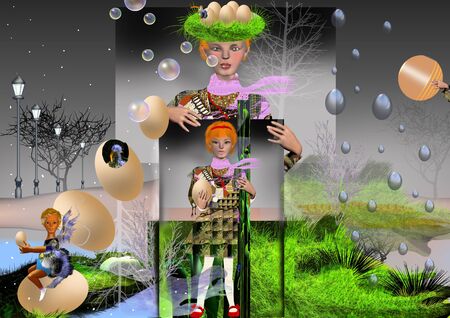 Woman holding her image, eggs with hatching birds, rain and foam, nature, darknessの写真素材