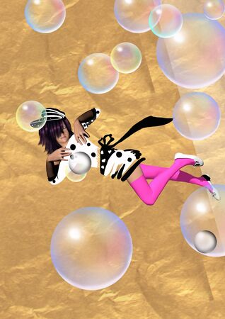 woman lying in a fancy dress, with bubbles flying around her, raster illustrationの写真素材