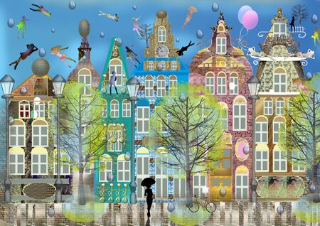 Cute belgian city, summer, colorful digital illustration, one dark woman silhouette with umbrella, it has rained, blue sky and many women silhouettes on the roofs of the homesの写真素材