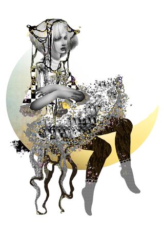 Woman sitting on moon, illustration over a white background, pale colorsの写真素材