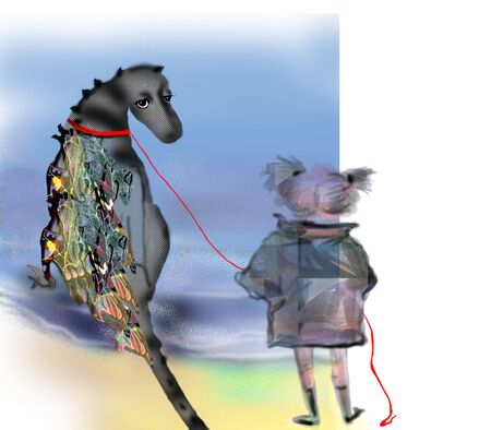 little girl playing with a dragon, holding him on a dog leashの写真素材