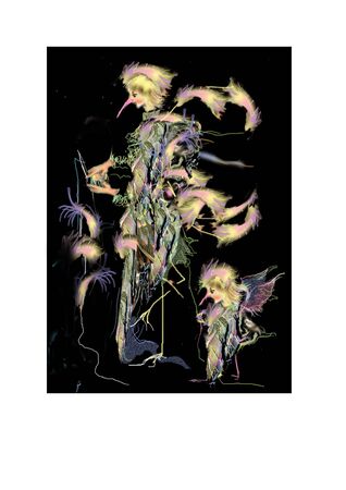 strange person with long nose and long bird legs, with a child looking the same, raster illustration over a black backgroundの写真素材