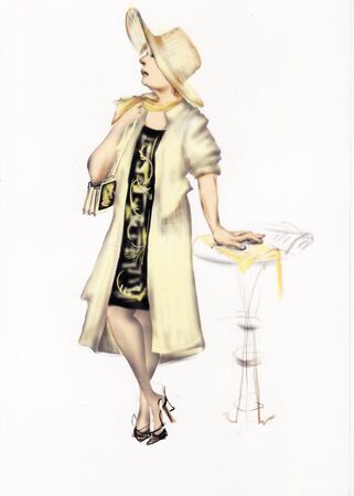 cocky woman in dark dress and a beige coat standing next to a small white table, raster illustration over a white backgroundの写真素材