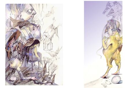 abstract image made of people looking like bird and fish, agressive creatures, raster illustration over a white backgroundの写真素材