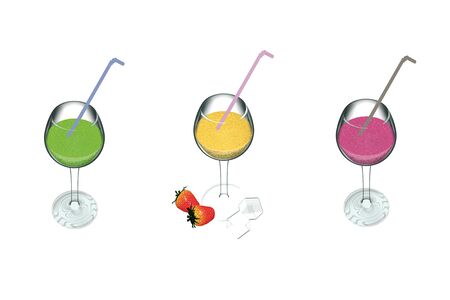 three drinks, yellow, green and pink, in a wine glass with a drinking straw, with two strawberries next to itの写真素材