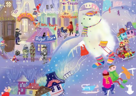 big ice bear in a cute little winter town, children playing in snow, children illustrationの写真素材