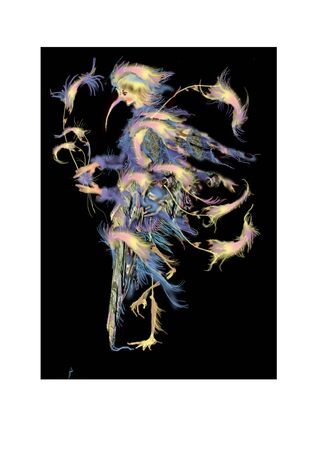 strange person with long nose and long bird legs, raster illustration over a black backgroundの写真素材