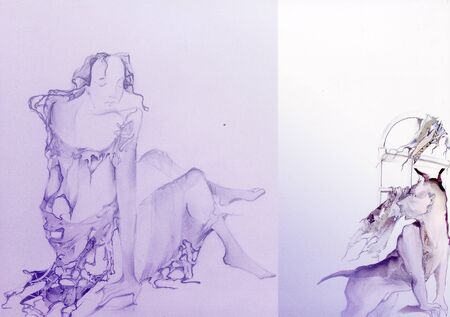 woman sitting with closed eyes, a dog with a human face looking away, fine art drawingの写真素材