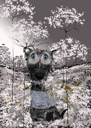 a cat with big eyes watching between white flowers, raster illsutration, gray colorsの写真素材