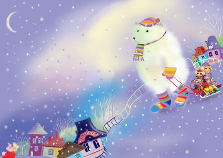big ice bear in a cute little winter town, children playing in snow, children illustrationの写真素材