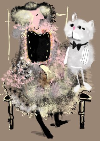 old lady sitting next to a big gray cat with a fly, raster illsutration over a beige backgroundの写真素材
