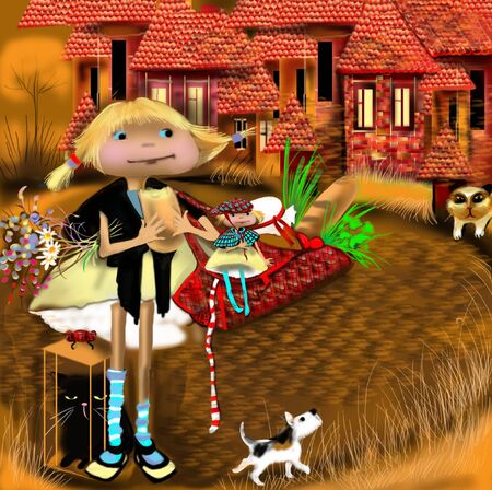 houses with red roofs, a little girl with grocery bag, standing and watchingの写真素材