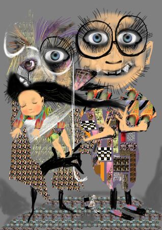 mean granddad and grandmum in huge glasses holding a  sleeping child on their handsの写真素材