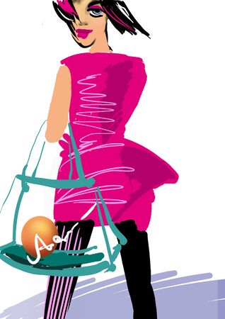 girl in pink dress shopping with a transparent bag, raster illustration on whiteの写真素材