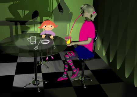 girl sitting with a smal girl in a deseerted cafe, 3D illustration with raster collageの写真素材
