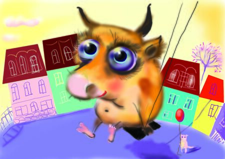 cute baby cow on a swing, swinging high in the sky, with cute homes in the backgroundの写真素材