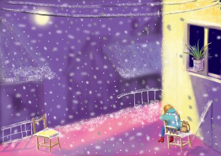 girl sitting on a roof looking at the snow, cute children illustration with purple and pink colors, winter greeting cardの写真素材