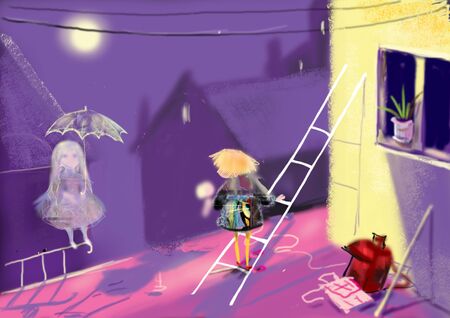girl standing on the roof and meeting a ghost girl, girl meeting a ghost girl, children illustration with purple and pink colorsの写真素材