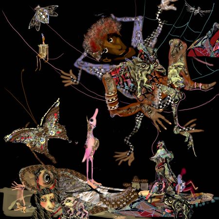 a black many lying in a hammock with animals and mystic creatures around him, fairy tale illustration over a black backgroundの写真素材