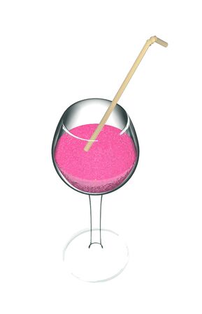 a pink drink in a wine glass with a drinking straw isolatedの写真素材