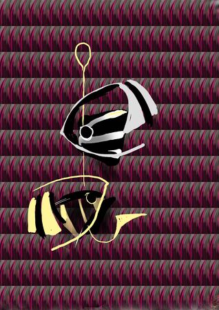 two fishes on a hook over an abstract pattern blue on beigeの写真素材