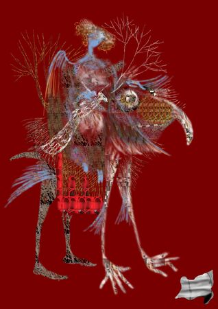 an angel is riding a strange animal with human feet and hands, surreal illustration over a red backgroundの写真素材