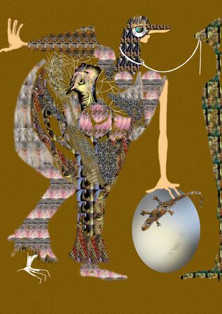 an abstract figure stands leaning on a huge egg, a surreal illustration over a brown backgroundの写真素材