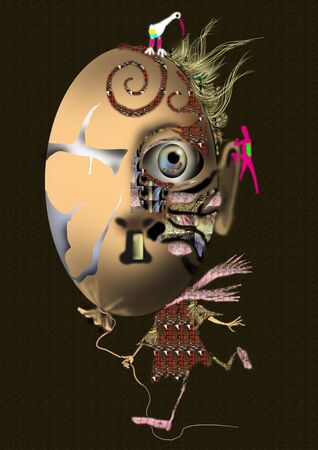 portrait of a surreal boy with a huge balloon head, and a bird sitting on top of him, surreal illustration over a green background, stepping on his own laceの写真素材