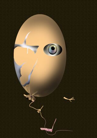 portrait of a surreal human with a huge balloon head, stepping on its own lace surreal illustration over a green backgroundの写真素材