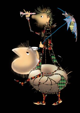 man with umbrella riding a weird donut creauture, surreal illustration over a black backgroundの写真素材