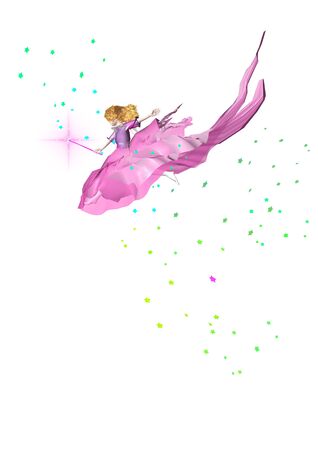 a cute little fairy in a pink dress holding a wand flying in the sky filled with colorful stars, 3D illustrationの写真素材
