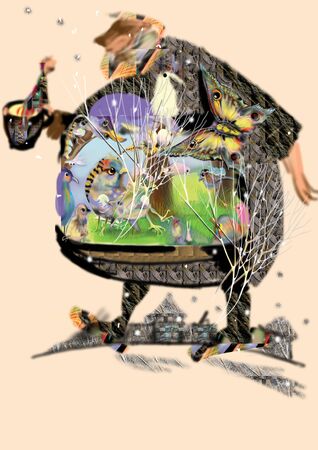 abstract huge fat man with flower texture walking, raster illustration over beigeの写真素材