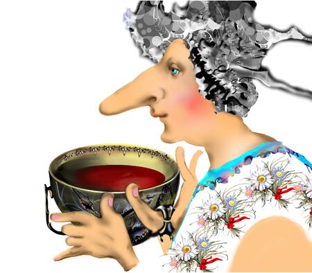 old funny woman with long nose drinking tea out of a huge cup, children illustration over a white backgroundの写真素材