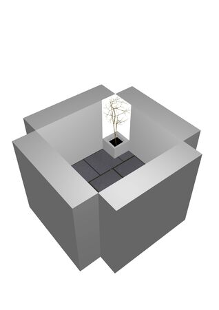 a tree caught in beton, nature vs. architecture, industrial, 3D illustration over a white backgroundの写真素材